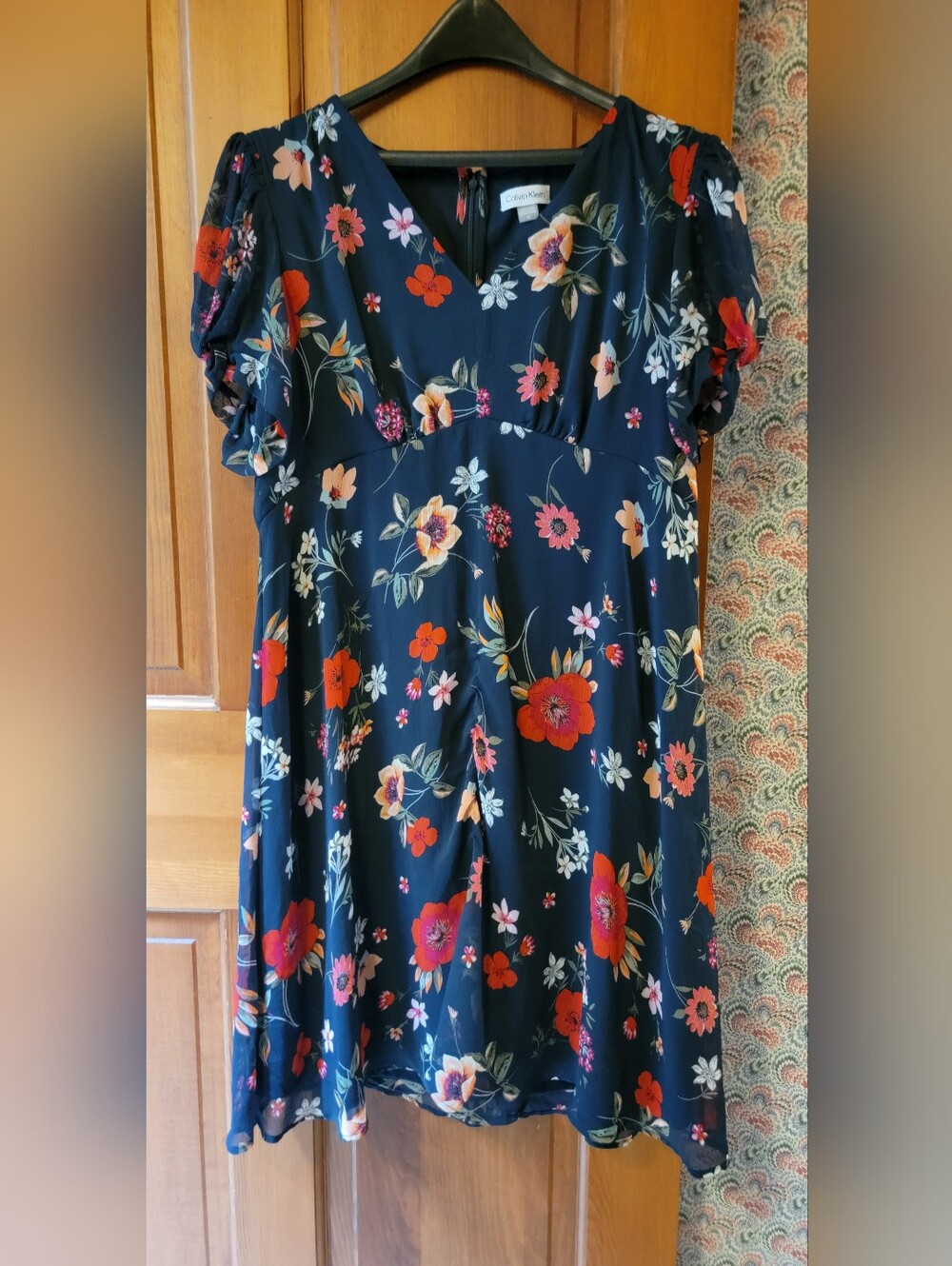 Calvin Klein Floral Chiffon Midi Dress Indigo Multi V-Neck Puff Sleeve Size 16